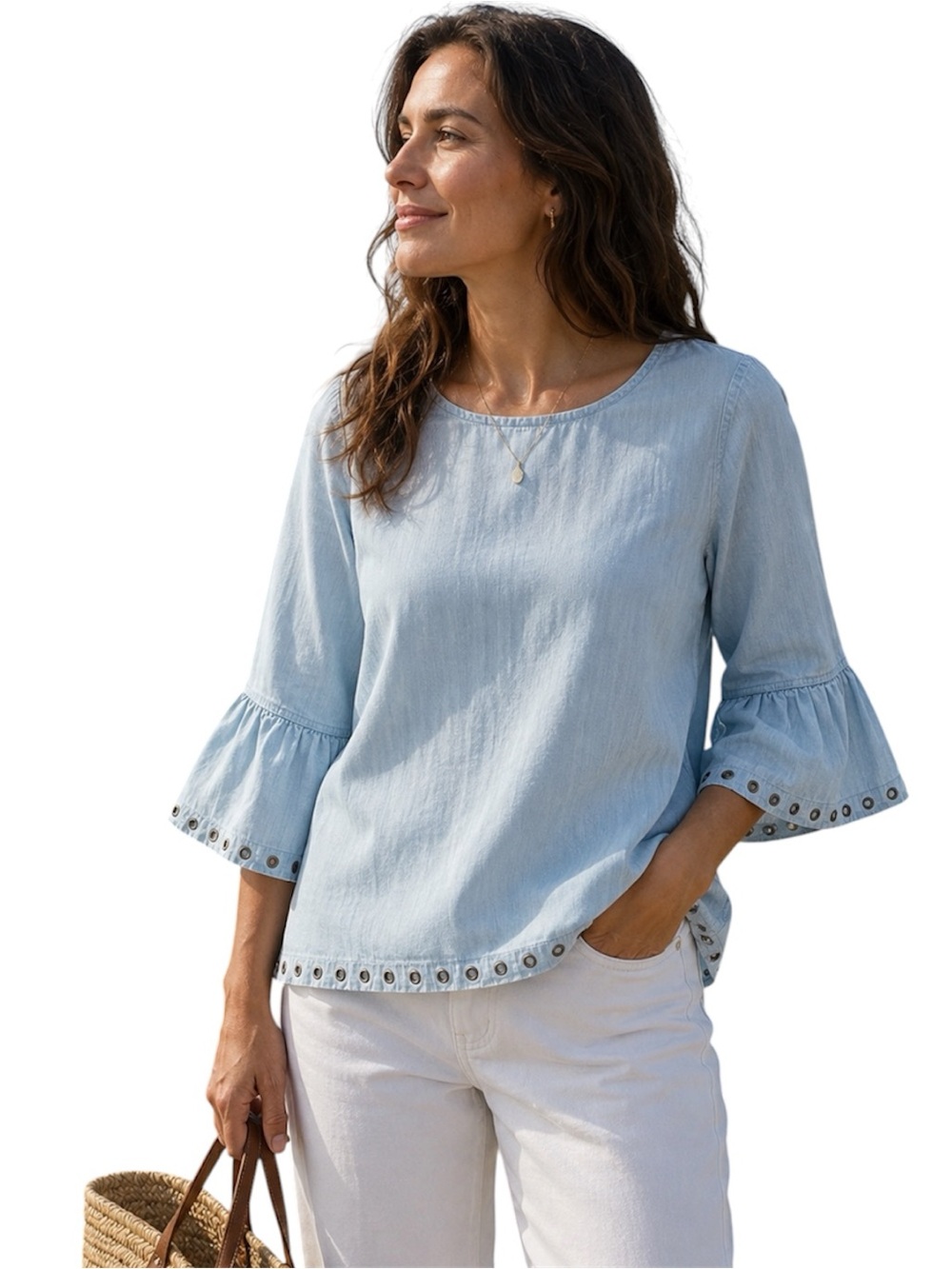 John Mark Faux Denim Flutter Bell Sleeve Blouse Eyelet Grommet Hem Size M